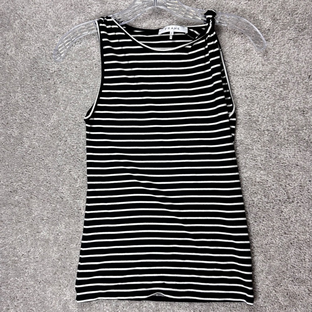 FRAME Noir Multi Striped Twisted Shoulder Tank Top LWTS0559 Black White Small